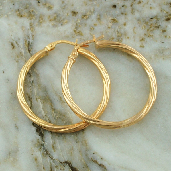 9ct Gold Twisted Round Hoop Creole Earrings 30mm - Yellow Gold Twisted Hoop Earrings - Gold Round Creole - Gold Hoop Earrings