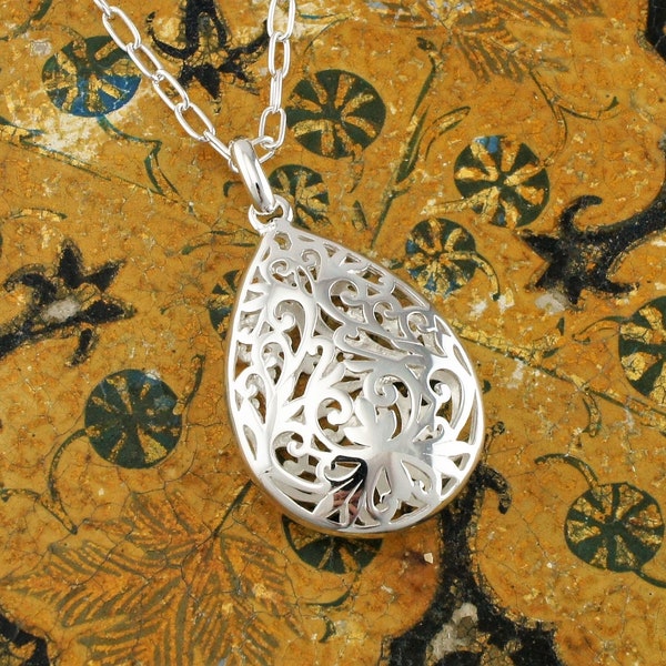 925 Sterling Silver Filigree Teardrop Pendentif Collier - Chaîne réglable