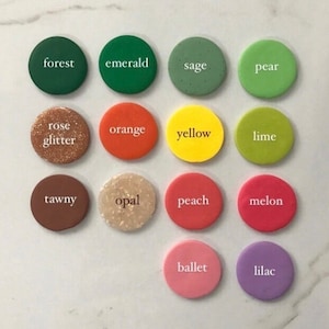 May include: A set of 14 round, colorful paint chips with names written in white text. The colors include forest green, emerald green, sage green, pear green, rose glitter, orange, yellow, lime green, tawny brown, opal, peach, melon, ballet pink, and lilac.