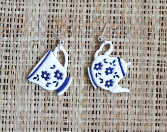 Teacup teapot tea party, blue floral unique handmade polymer clay dangle earrings