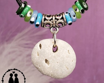 Hag Stone Necklace with tiny evil eye glass beas on a 16" Waxed Cotton Cord Genuine Beach Rock Odin Stone Adder stone talisman amulet #1814
