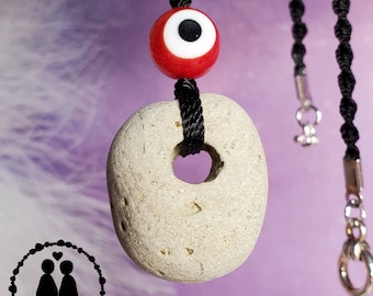 Hag Stone Necklace on an 20" Nylon Cord Genuine Beach Rock Odin Stone Protection Rock Adder Stone Macrame Braided Necklace Evil Eye #1693