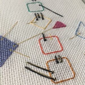 Peut inclure: Gros plan sur un projet de broderie au point de croix avec des formes géométriques de différentes couleurs, notamment bleu, vert, jaune, orange, rouge et rose. Les formes sont reliées par du fil noir et or.