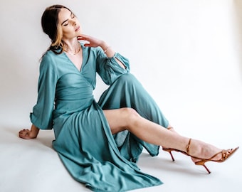 Long Sleeve Blue Wrap Maxi Dress Made From Crinkle Rayon, Boho Chic, Minimalistic Wedding Dress, Summer Dress
