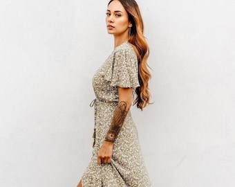 Amali Dress, Sage Green Floral Print, Bohemian Style Bell Sleeve Dress, 40% Off