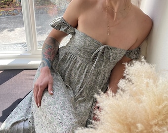 Off The Shoulder Floral Maxi Dress, Sage Green Summer Dress, Boho Chic, 100% Rayon