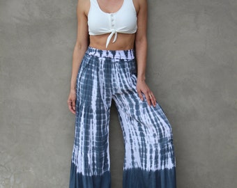 Pantalon hippie bohème bleu tie-dye, pantalon palazzo, pantalon de yoga, pantalon large, fabriqué à partir de rayonne