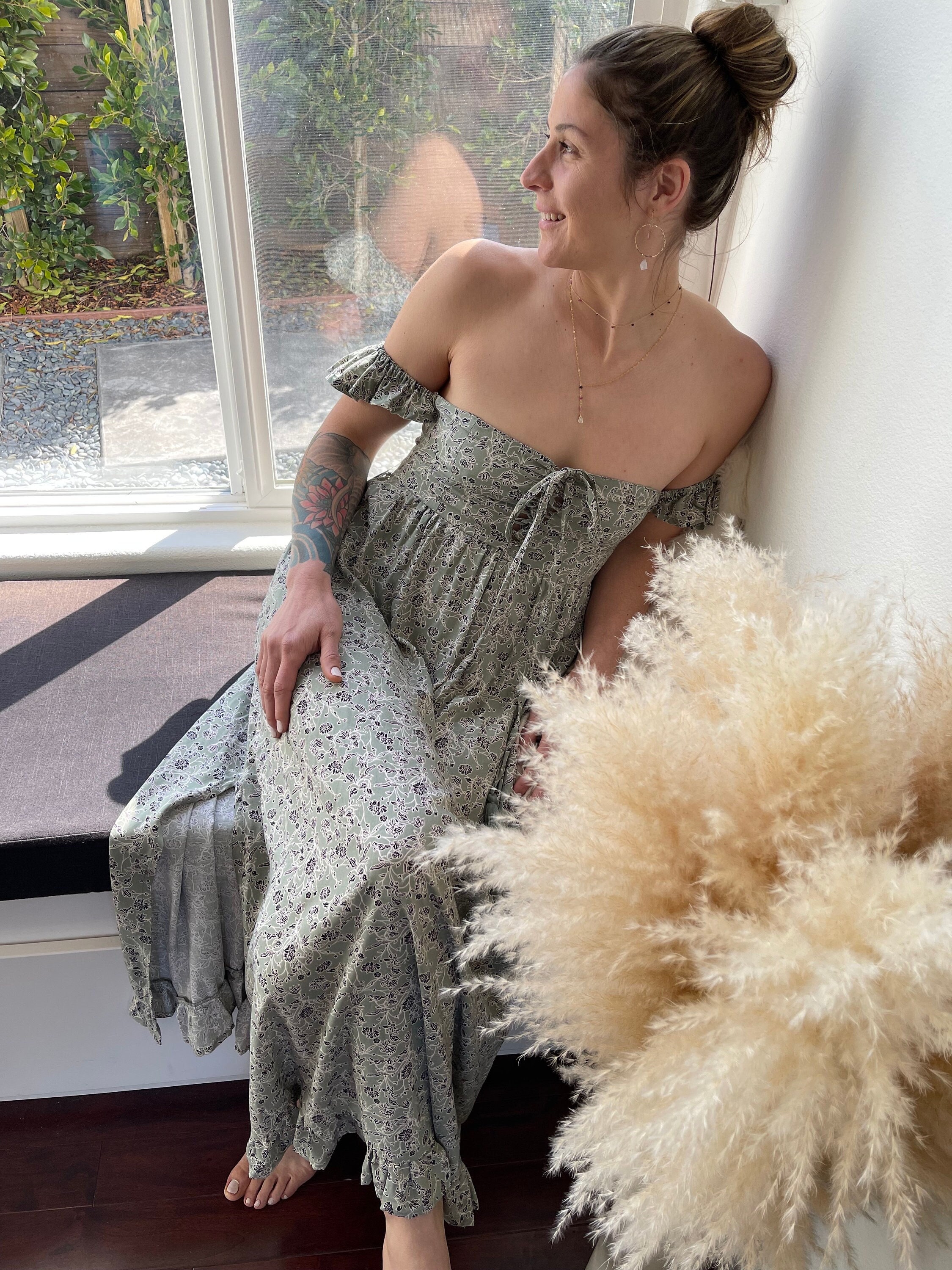 VIP Plus Sage Green Floral Off-Shoulder Maxi Dress
