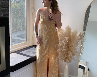 Floral Yellow Maxi Dress, All Over Print, Boho Chic, V Neck, Open Back, 100% Rayon