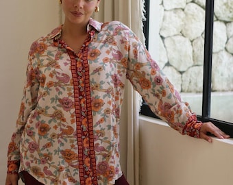Floral Top, Women's Button Down Shirt, Light Weight Summer Blouse, Boho Chic, Rayon