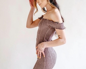 Smocked Mini Dress, Ruched Bodycon Dress, Off The Shoulder, Crinkle Rayon