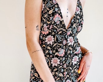 Floral Maxi Dress, Boho Chic, V Neck, Open Back, 100% Rayon