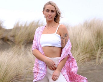 Light Pink Floral Print Kimono, Beach Cover Up, 100% Rayon