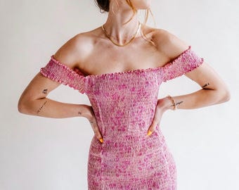 Magenta Smocked Mini Dress, Batik Print, Bodycon Dress, Off The Shoulder, 100% Cotton
