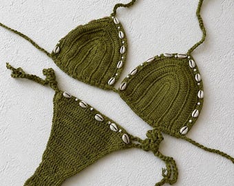 Sea Shell Crochet Bikini Set, Thong Bikini, Triangle Top, Handmade Bohemian Boho Swimwear