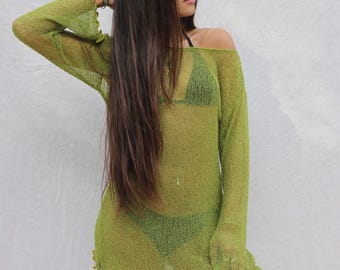 Mesh Knit Cover Up: Earthy Green + Copper Orange, Beige, Pink, and Brown Mini Dress or Top, Resort Wear