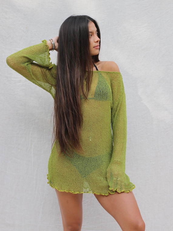 knee length dresses for ladies Green Tropic Cutout Sheer Mesh Maxi Swimsuit Cover-Up Dress main image 0
