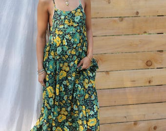 Boho Fall Floral Dress With Pockets, 100% Rayon