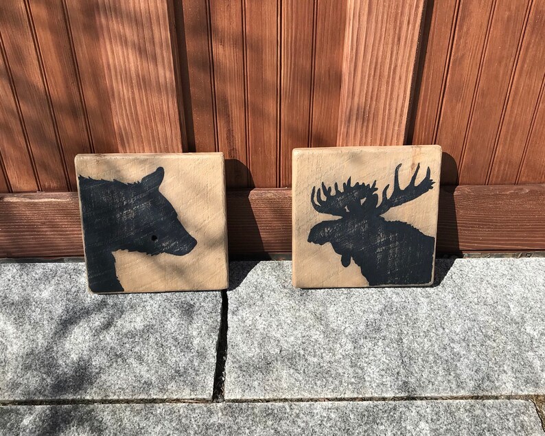 Bear and Moose Rustic Wood Set Hand Painted on Barnboard Etsy
