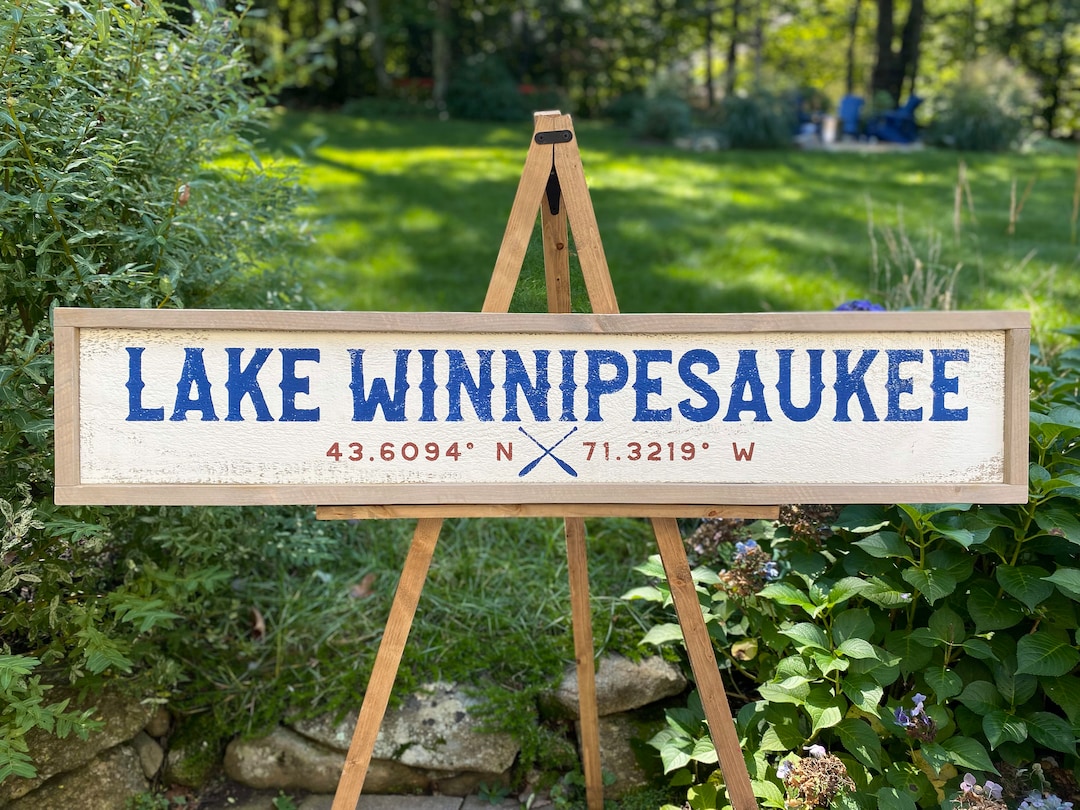 Lake Winnipesaukee Wood Sign With GPS Coordinates, Hand Painted on
