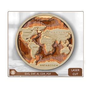 6-laags lasergesneden 3D-kaart van de wereld, meerlaags paneel, lasergesneden bestand. 3D Wood World Map, 6 lagen, Bonus paneel-klok 6 lagen gesneden bestand