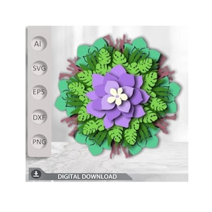 Mandala 3D con suculentas, Monstera deja archivos cortados con láser