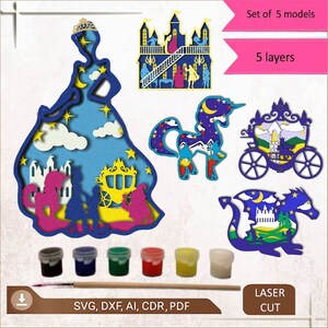 DIY-Farbkits 3D Prinzessin Laserschnitt-Dateien 3D-Projekte Aschenputtel Einhorn Prinzessin Drachen Prinzessin Auto, 5er-Set, 5-Schicht-Malerei für Kinder