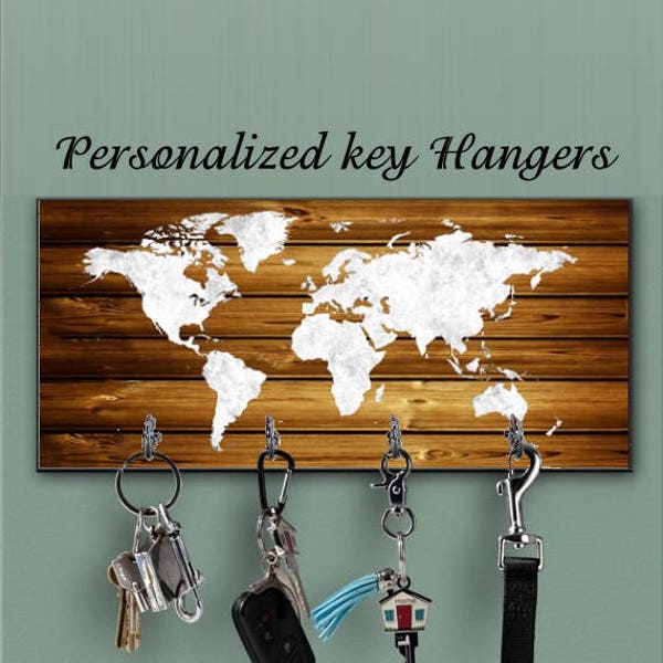 Key Hanger, Wall key holder, valentines gift, wall key organizer, world map key rack, distressed sign, traveller gift, rustic wood decor