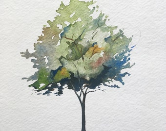 水彩画の葉の茂った木 | オリジナル絵画 | 水彩画 | 緑の葉の