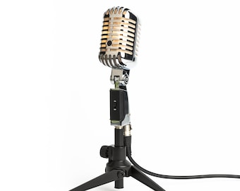 Retro Microphone Desk Lamp - Silver / Upcycled / Elvis / Looks like Shure SH55 / ManCave / Studio Home Theater Decor / Modern Interior