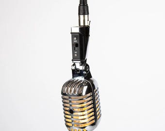 Hanging Retro Microphone Lamp - Silver / Vintage / Shure / Boxing / Man Cave / Studio Recording / Bar / Karaoke Light / Ceiling Decor