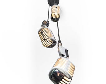 Triple Retro Microphone Pendant - Silver / Vintage Chandelier / Radio Studio / Musical Decoration / Singer Songwriter / Karaoke Bar Decor