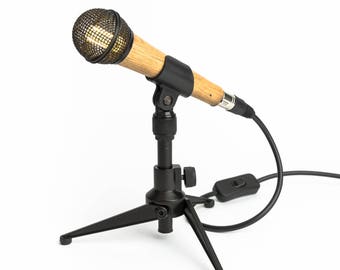 Wooden Microphone Desk Lamp - Black / Handmade Crafted Lamp / Musical / Singing / Oak / Music / Home Style Interior Decor / Tripod Stand