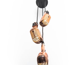 Triple Retro Microphone Pendant - Rose Gold / Vintage Chandelier / Radio Studio / Musical Decoration / Singer Songwriter / Karaoke Bar Decor