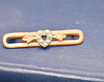 Antique Gilt Heart Brooch: Turquoise & Seed Pearl Victorian Pin