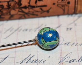 Antique Hat Pin - Stunning Long Victorian Metal Hat Pin set with Hand Blown Blue Bead with Green Bird Design