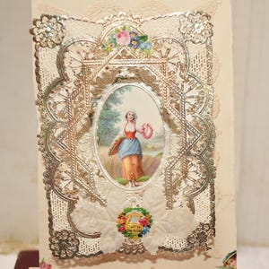 Carte de Saint-Valentin victorienne - Belle carte extensible en dentelle antique fabriquée à la main avec vers romantique des années 1860