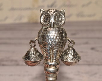 Edwardian Owl Rattle and Teether - Gorgeous Hallmarked Crisford & Norris Silver Mother of Pearl with Bells