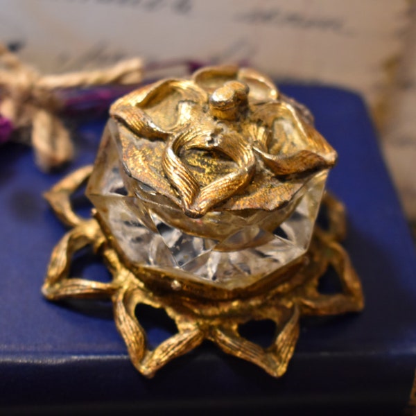 Antique Dressing Table Pot - Beautiful Flower Glass Pot with Gilt Embellished Lid and Base