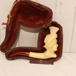 Antique Meerschaum Pipe: Carved Figural Lady with Amber Stem, Original Case