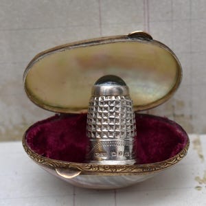 Silver Chalcedony Thimble in Shell Etui Store/Case - Beautiful Victorian Shell Hinged with 1897 Hallmarked Thimble William J Holmes