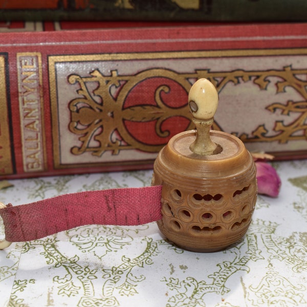 Victorian Vegetable Ivory Tape Measure - Gorgeous Antique with Clear Stanhope Viewer of Stourbridge