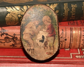 Picture Snuff Box - Gorgeous Georgian Beautifully Made Papier Mache with Garden Scene Top, Sun Burst Base and Reeded Sides
