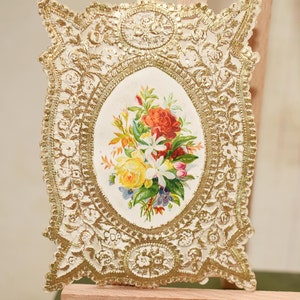 Victorian Valentine Card - Gorgeous Antique Padded Floral with Romantic Verse Unused Romantic Card 1860s
