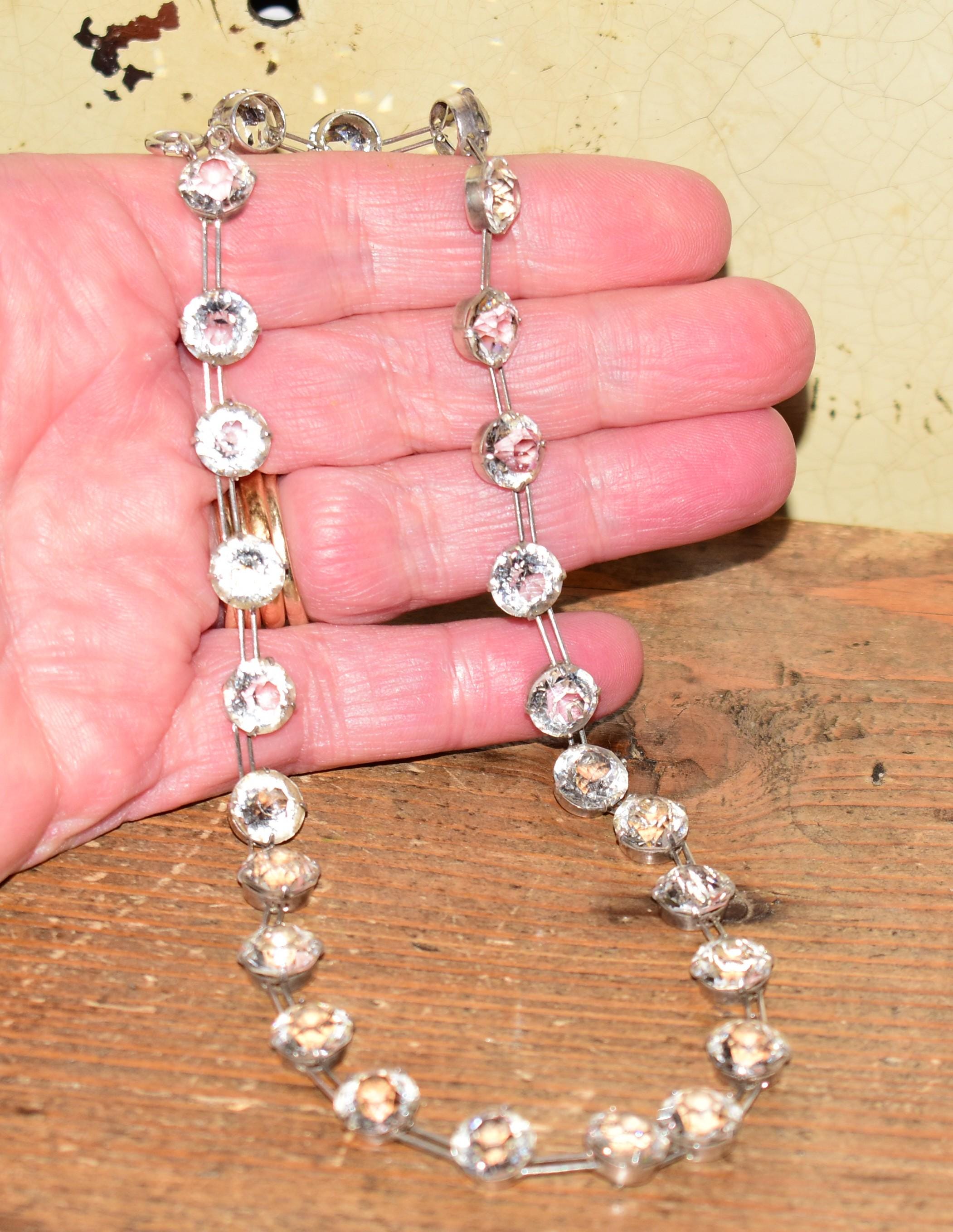 Antique Art Deco Sterling Silver Paste Riviere Wedding Necklace Patented Mechanical Links 15.5 Inch Something Old Gift