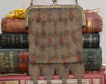 Antique Art Nouveau Mesh Purse - Beautiful Decorative Design Victorian Evening Bag with Blue Glass Clasp