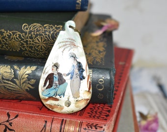 Russian Painted Shell Pendant-  Gorgeous Large Antique Teardrop Shaped with Hand Painted Scene