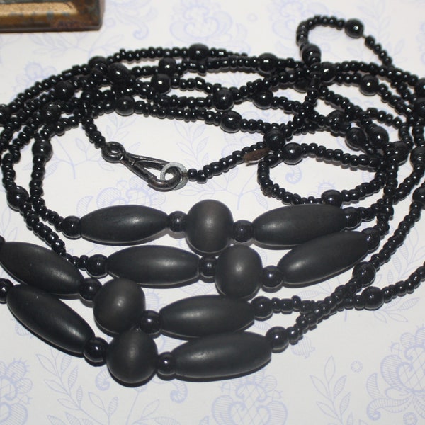 Guard Muff Chain Necklace - Beautiful Long Victorian Jet Black Wood Decorative Glass Bead Victorian Dog Clip Clasp 56 inches