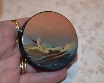 Picture Snuff Box - Gorgeous Antique Desk Snuff Beautifully Made Papier Mache with Coastal Scene