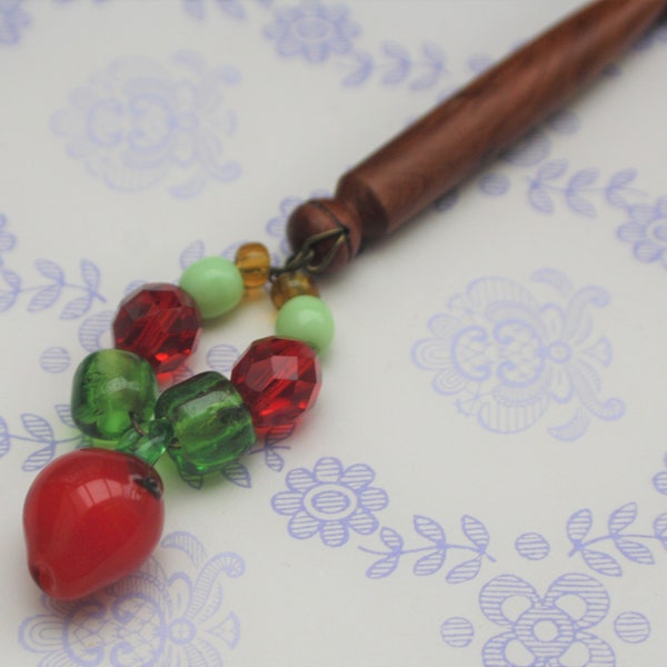 Lace Bobbin - Vintage Midlands Wood Turned Bobbin with Christmassy Red and Green Bead Weights